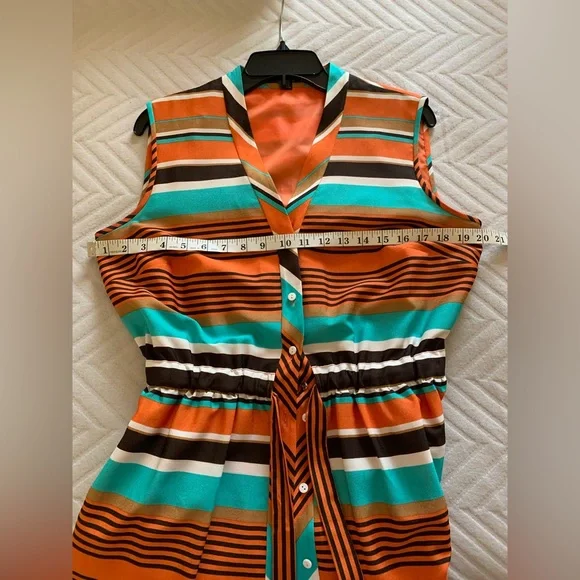 Alex Marie Sleeveless Button Front Waist Tie Mini Dress, Orange and Blue Size 10 - Picture 2 of 6